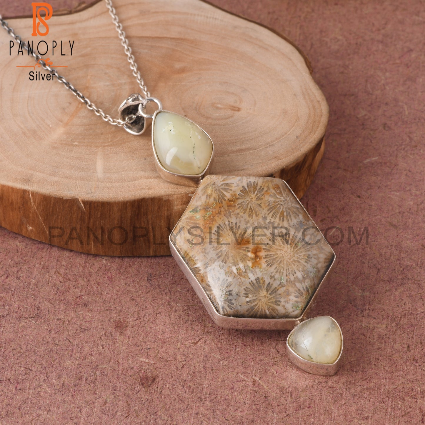 Fossil Coral & Yellow Opal 925 Silver Pendant With Chain