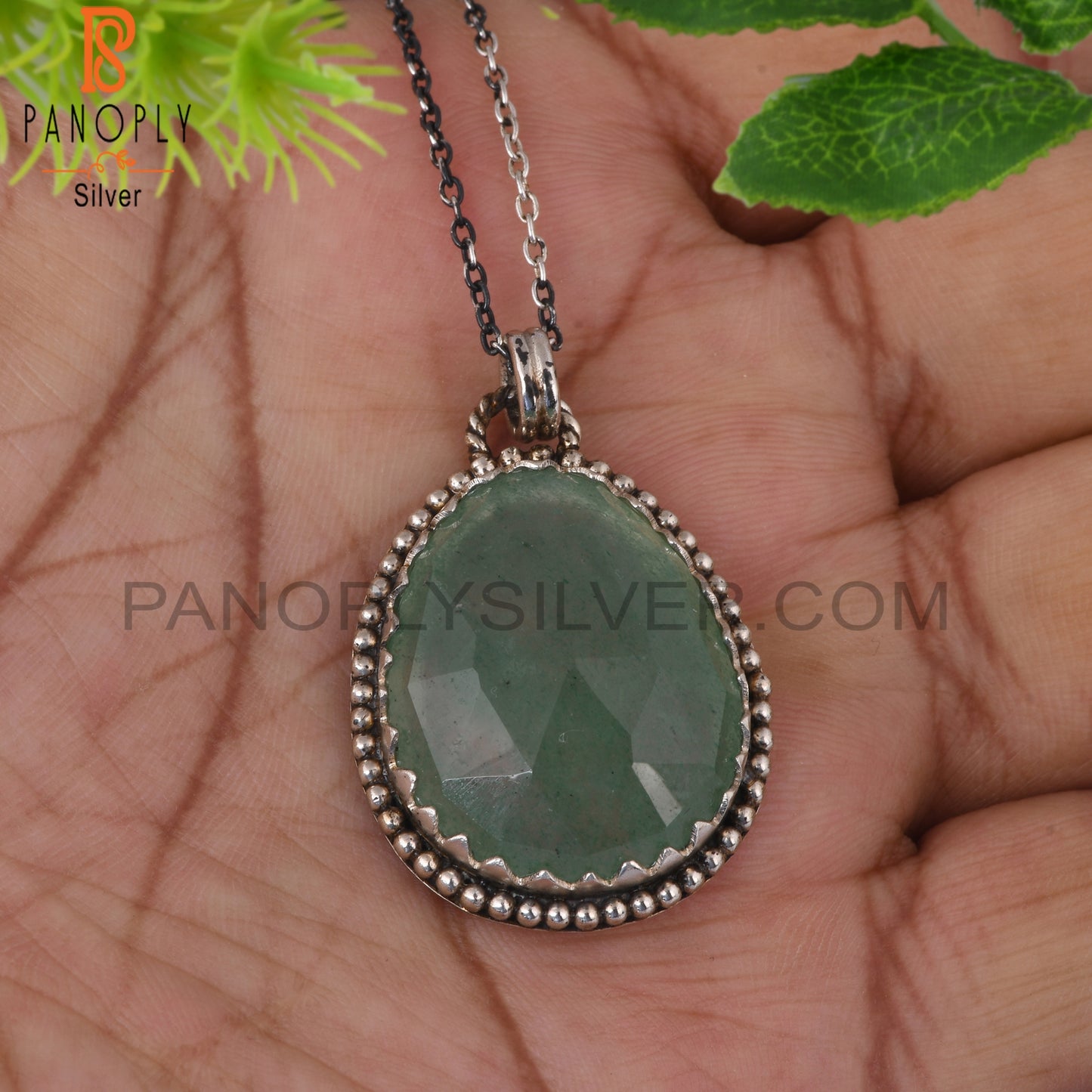 Green Strawberry Quartz 925 Silver Pendant With Chain