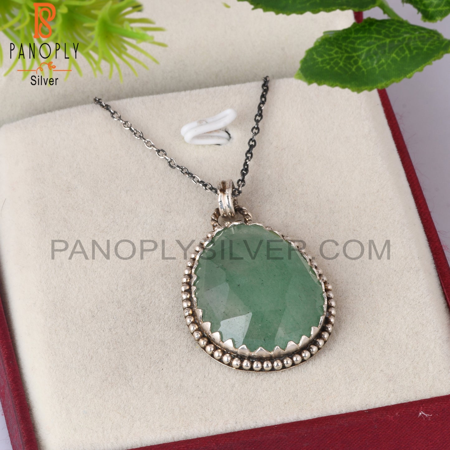 Green Strawberry Quartz 925 Silver Pendant With Chain