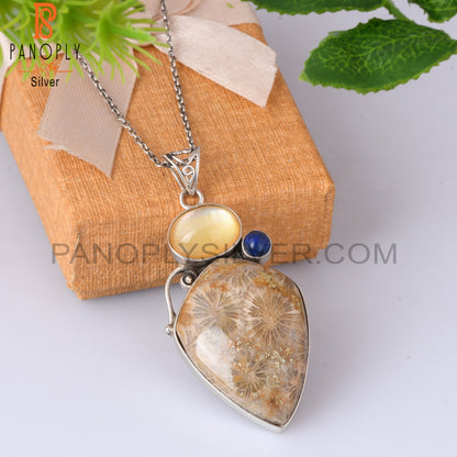 Doublet Yellow Mop Crystal, Lapis, Fossil Coral 925 Pendant