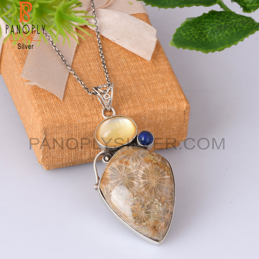 Doublet Yellow Mop Crystal, Lapis, Fossil Coral 925 Pendant