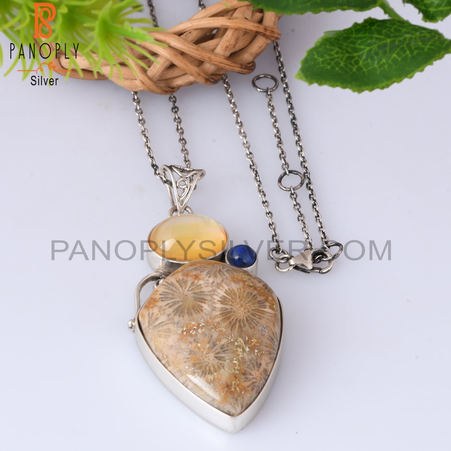 Doublet Yellow Mop Crystal, Lapis, Fossil Coral 925 Pendant