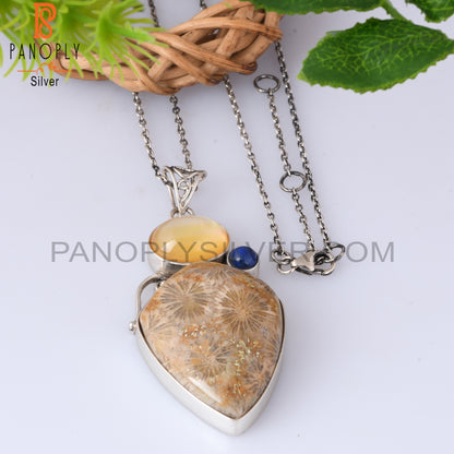Doublet Yellow Mop Crystal, Lapis, Fossil Coral 925 Pendant