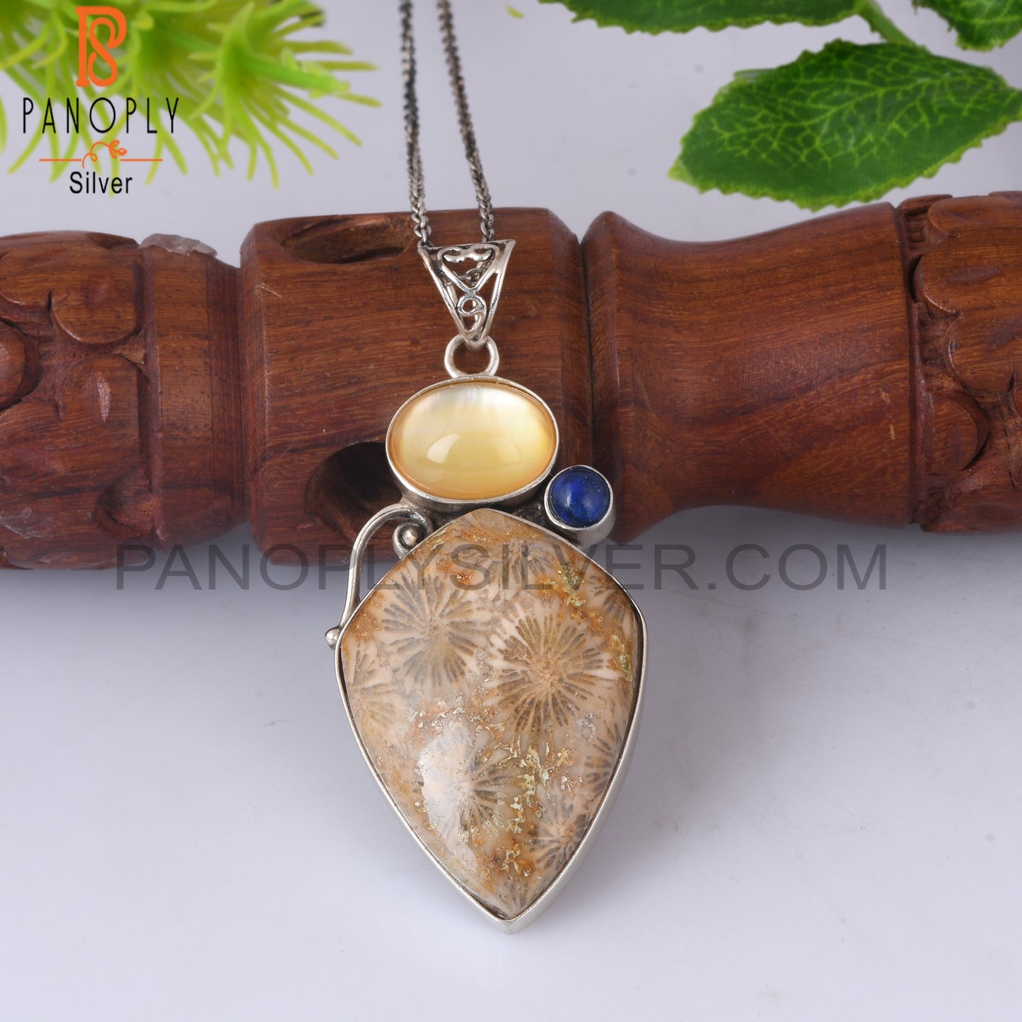 Doublet Yellow Mop Crystal, Lapis, Fossil Coral 925 Pendant