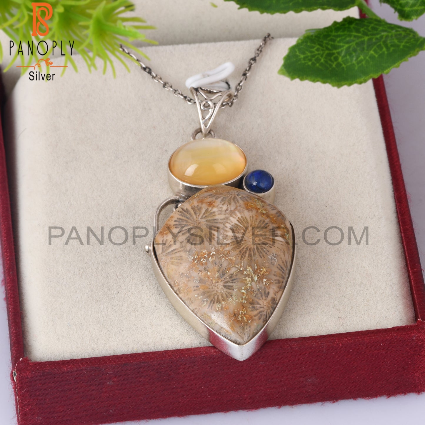 Doublet Yellow Mop Crystal, Lapis, Fossil Coral 925 Pendant