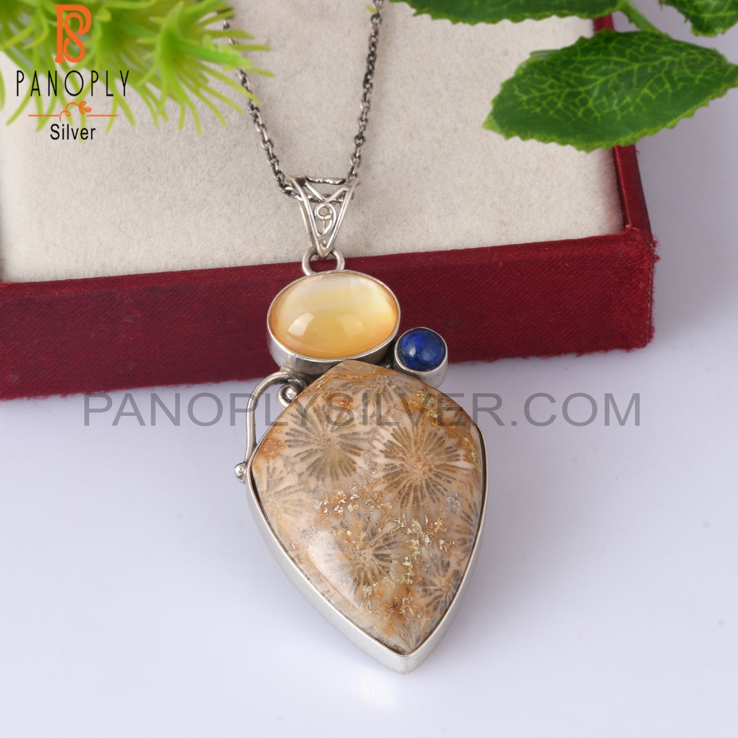 Doublet Yellow Mop Crystal, Lapis, Fossil Coral 925 Pendant