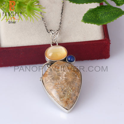 Doublet Yellow Mop Crystal, Lapis, Fossil Coral 925 Pendant
