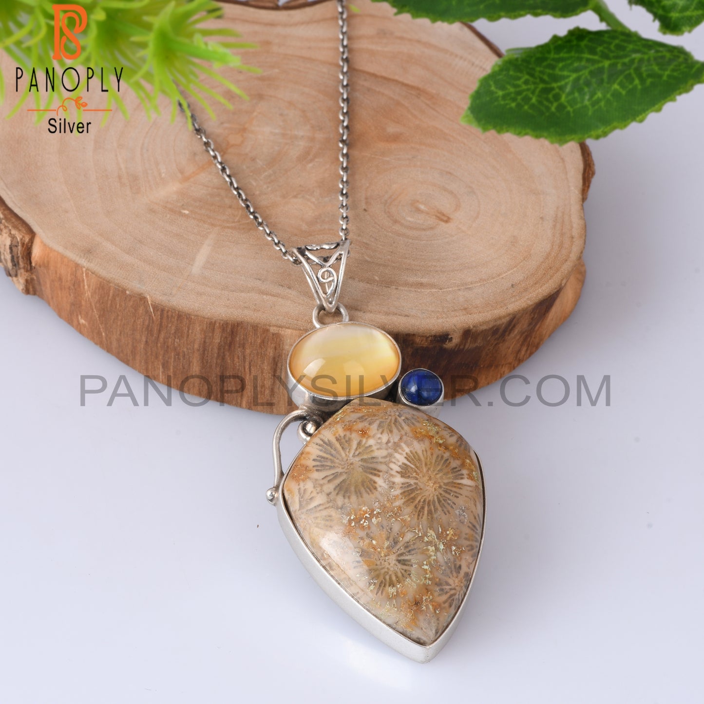 Doublet Yellow Mop Crystal, Lapis, Fossil Coral 925 Pendant