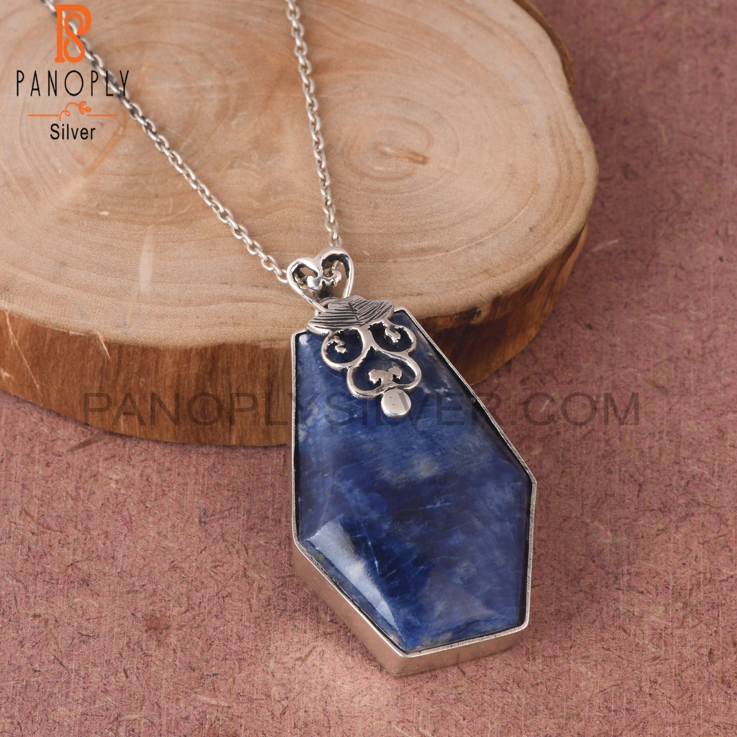 Sodalite Coffin Shape 925 Sterling Silver Pendant With Chain