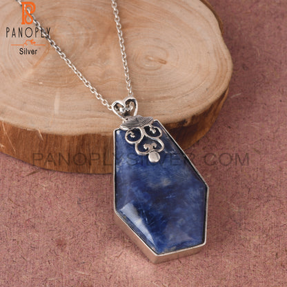 Sodalite Coffin Shape 925 Sterling Silver Pendant With Chain