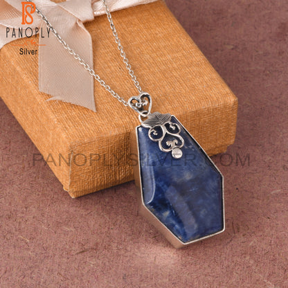 Sodalite Coffin Shape 925 Sterling Silver Pendant With Chain