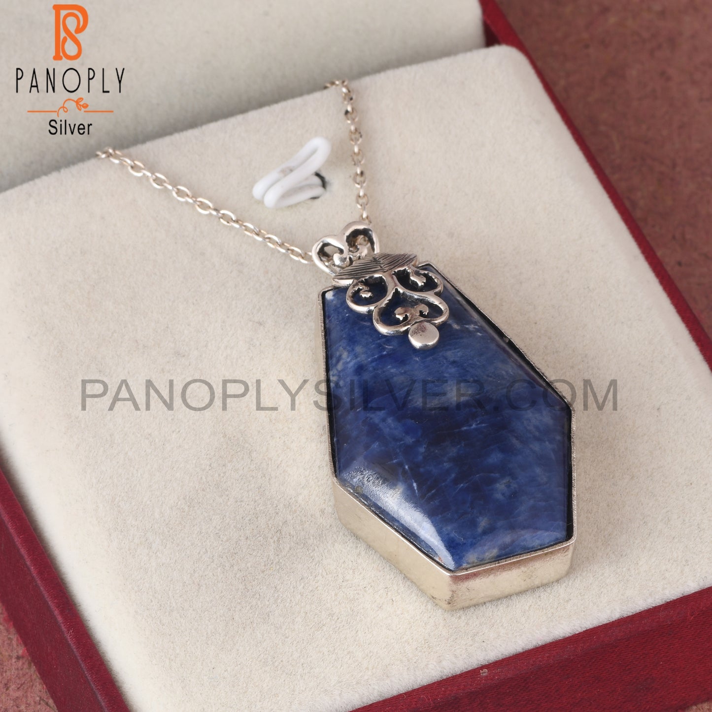 Sodalite Coffin Shape 925 Sterling Silver Pendant With Chain