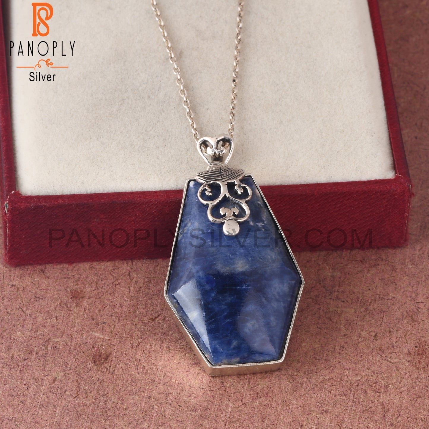 Sodalite Coffin Shape 925 Sterling Silver Pendant With Chain