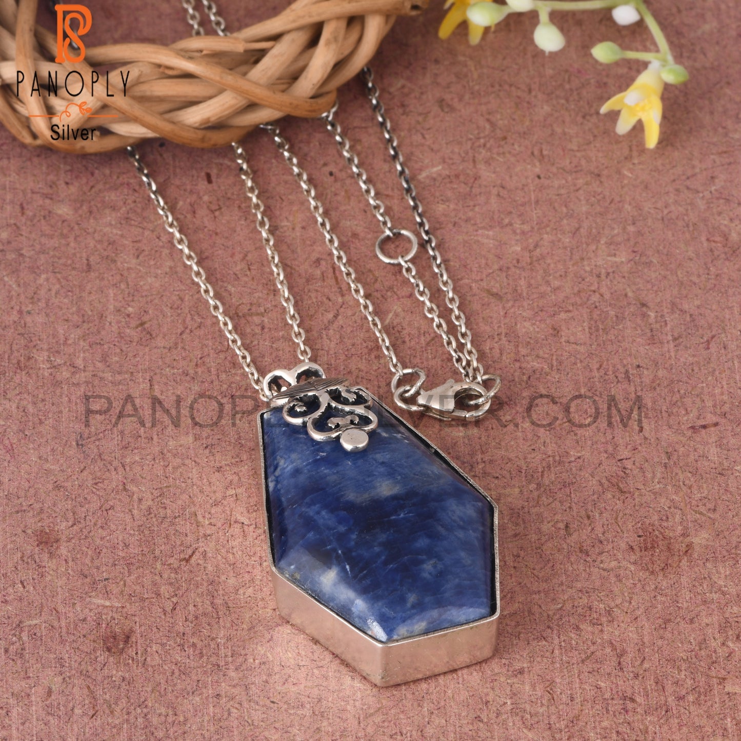 Sodalite Coffin Shape 925 Sterling Silver Pendant With Chain