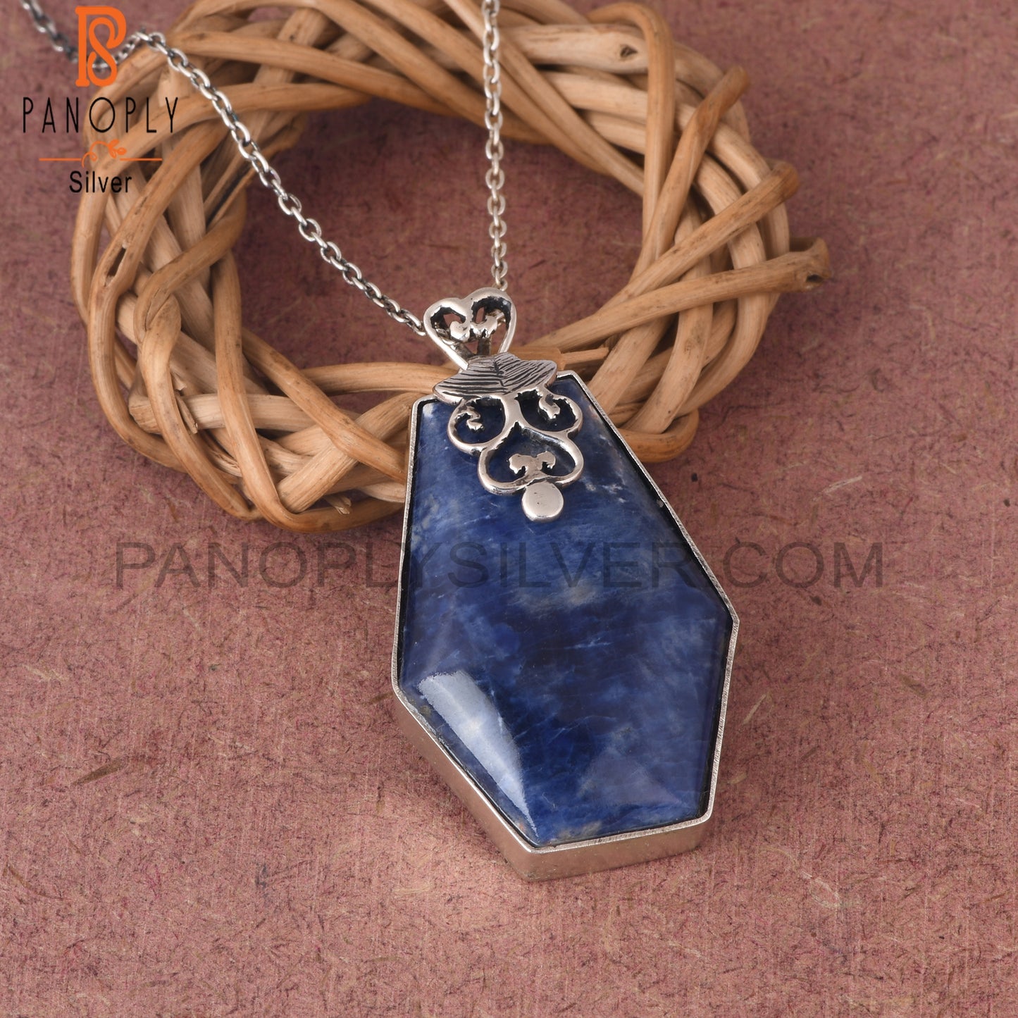 Sodalite Coffin Shape 925 Sterling Silver Pendant With Chain