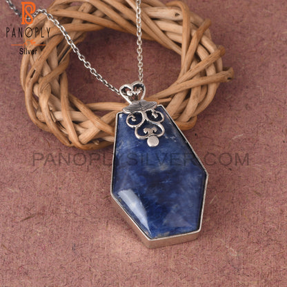 Sodalite Coffin Shape 925 Sterling Silver Pendant With Chain