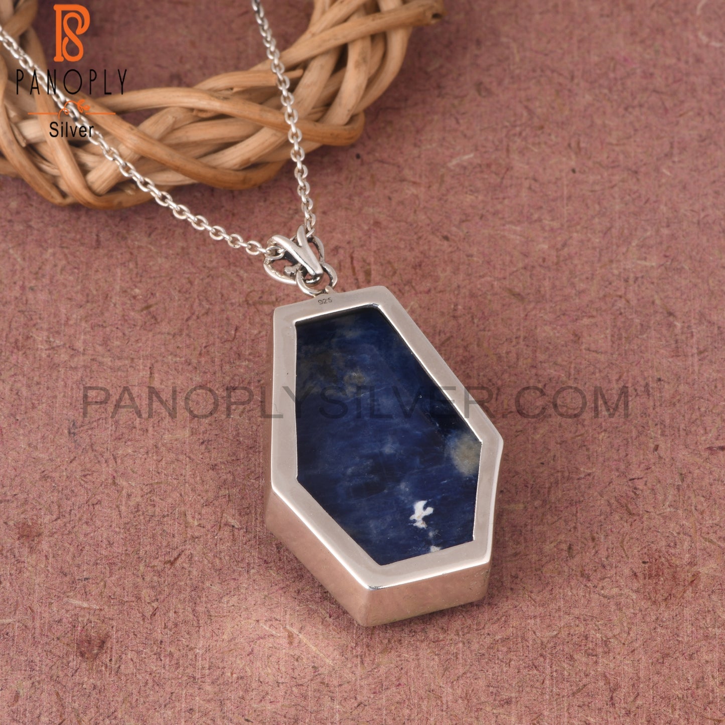 Sodalite Coffin Shape 925 Sterling Silver Pendant With Chain