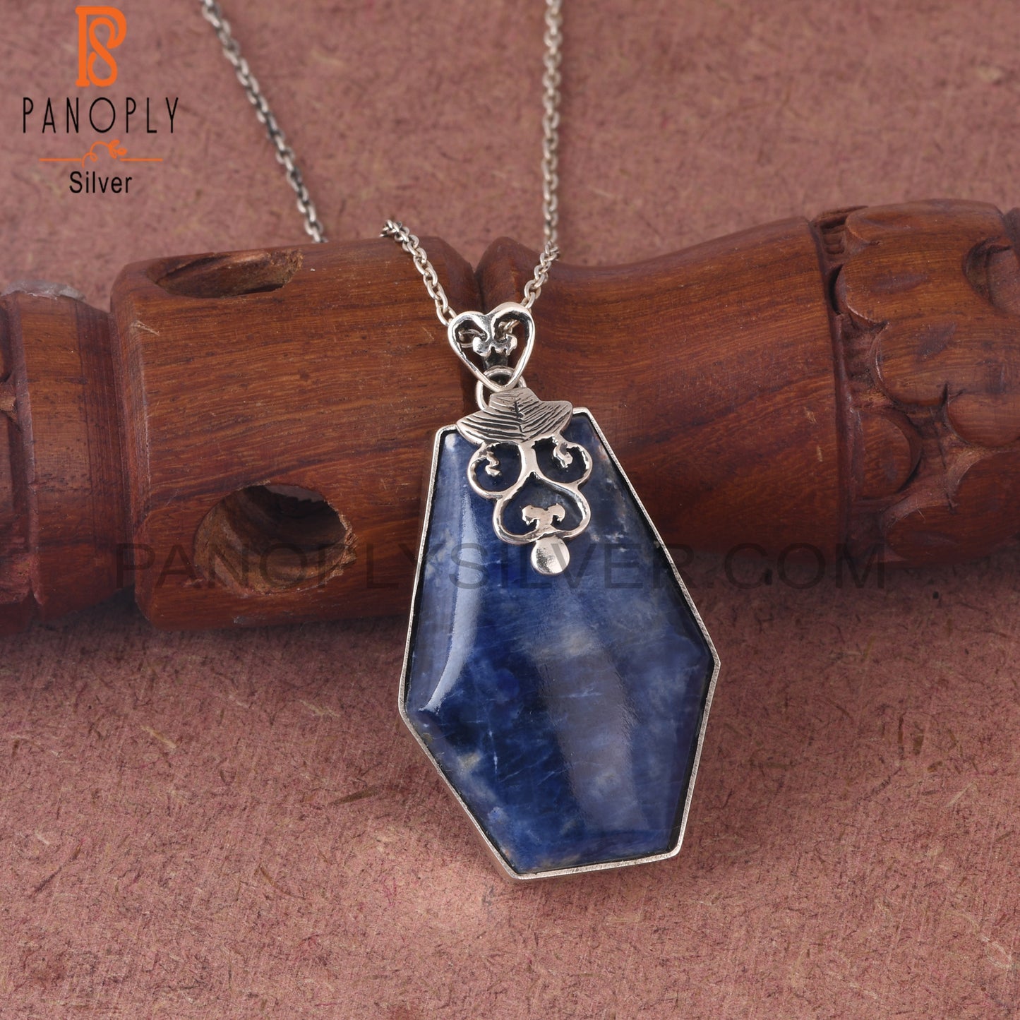 Sodalite Coffin Shape 925 Sterling Silver Pendant With Chain