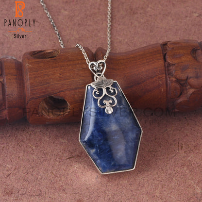 Sodalite Coffin Shape 925 Sterling Silver Pendant With Chain