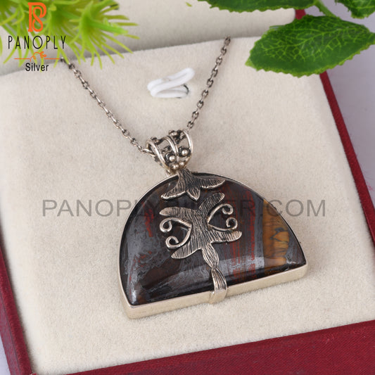 Tiger Eye Iron D Shape 925 Sterling Silver Pendant With Chain