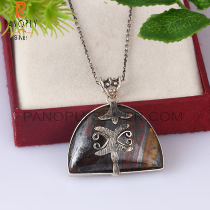 Tiger Eye Iron D Shape 925 Sterling Silver Pendant With Chain