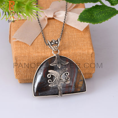 Tiger Eye Iron D Shape 925 Sterling Silver Pendant With Chain