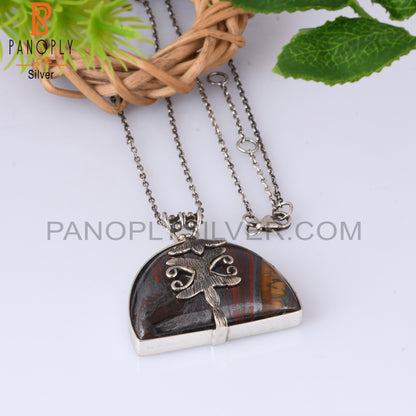 Tiger Eye Iron D Shape 925 Sterling Silver Pendant With Chain