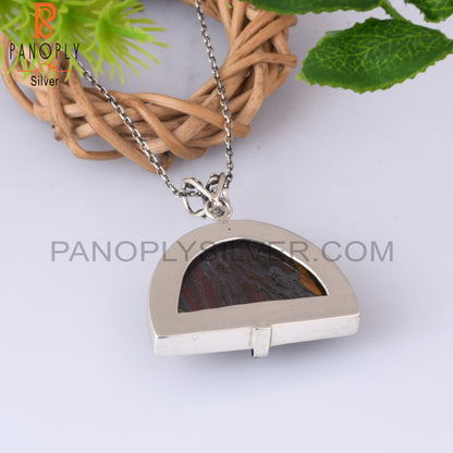 Tiger Eye Iron D Shape 925 Sterling Silver Pendant With Chain
