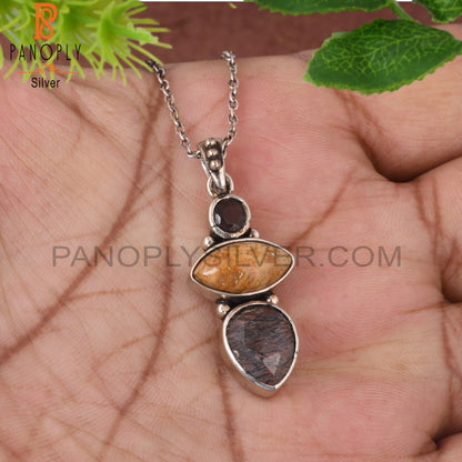 Smoky, Fossil Coral & Black Rutile 925 Pendant With Chain