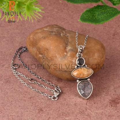 Smoky, Fossil Coral & Black Rutile 925 Pendant With Chain