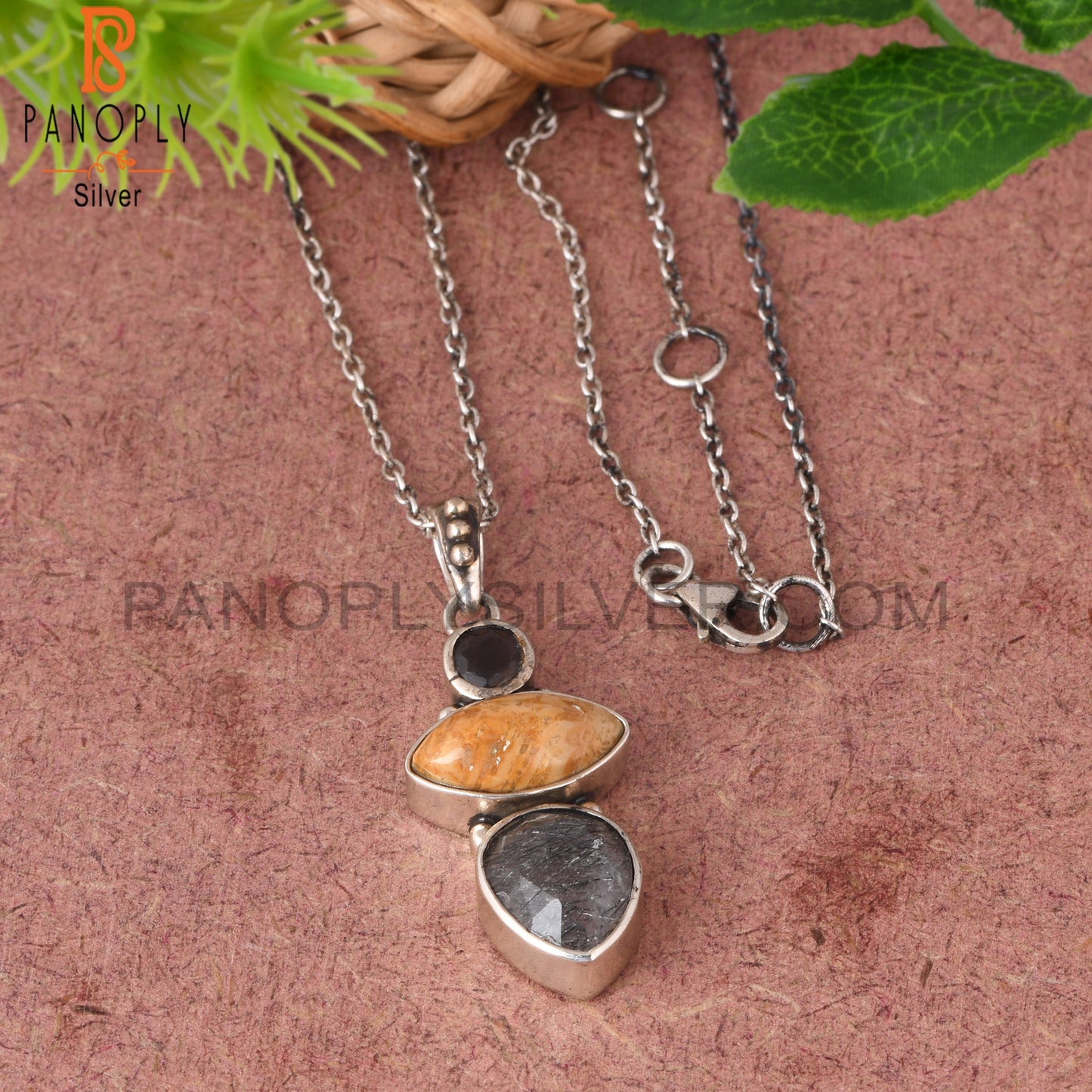 Smoky, Fossil Coral & Black Rutile 925 Pendant With Chain