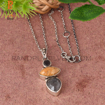 Smoky, Fossil Coral & Black Rutile 925 Pendant With Chain