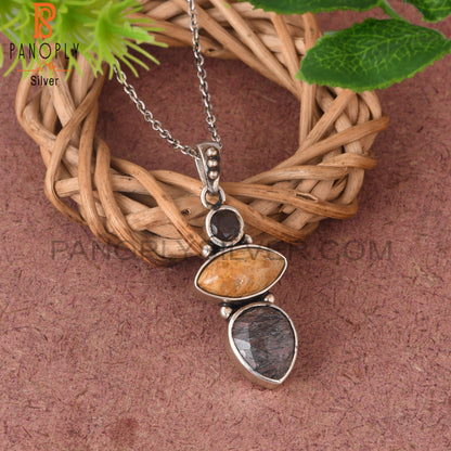 Smoky, Fossil Coral & Black Rutile 925 Pendant With Chain