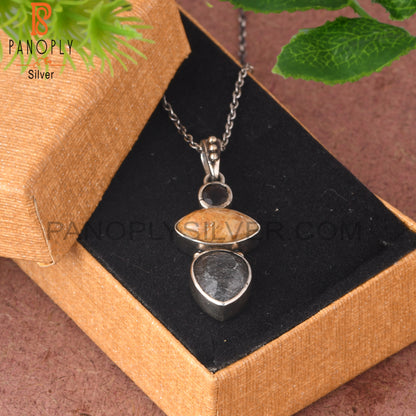 Smoky, Fossil Coral & Black Rutile 925 Pendant With Chain