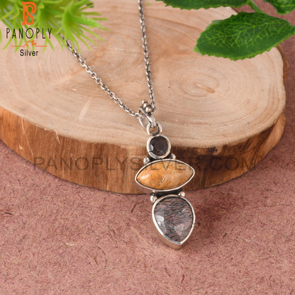 Smoky, Fossil Coral & Black Rutile 925 Pendant With Chain