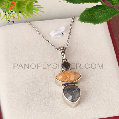 Smoky, Fossil Coral & Black Rutile 925 Pendant With Chain