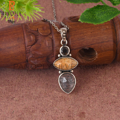 Smoky, Fossil Coral & Black Rutile 925 Pendant With Chain