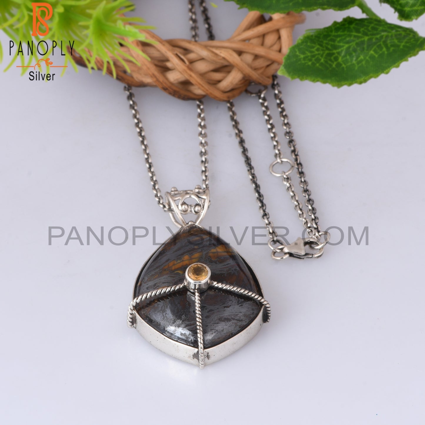 Citrine & Tiger Eye Iron 925 Sterling Silver Chain Pendant
