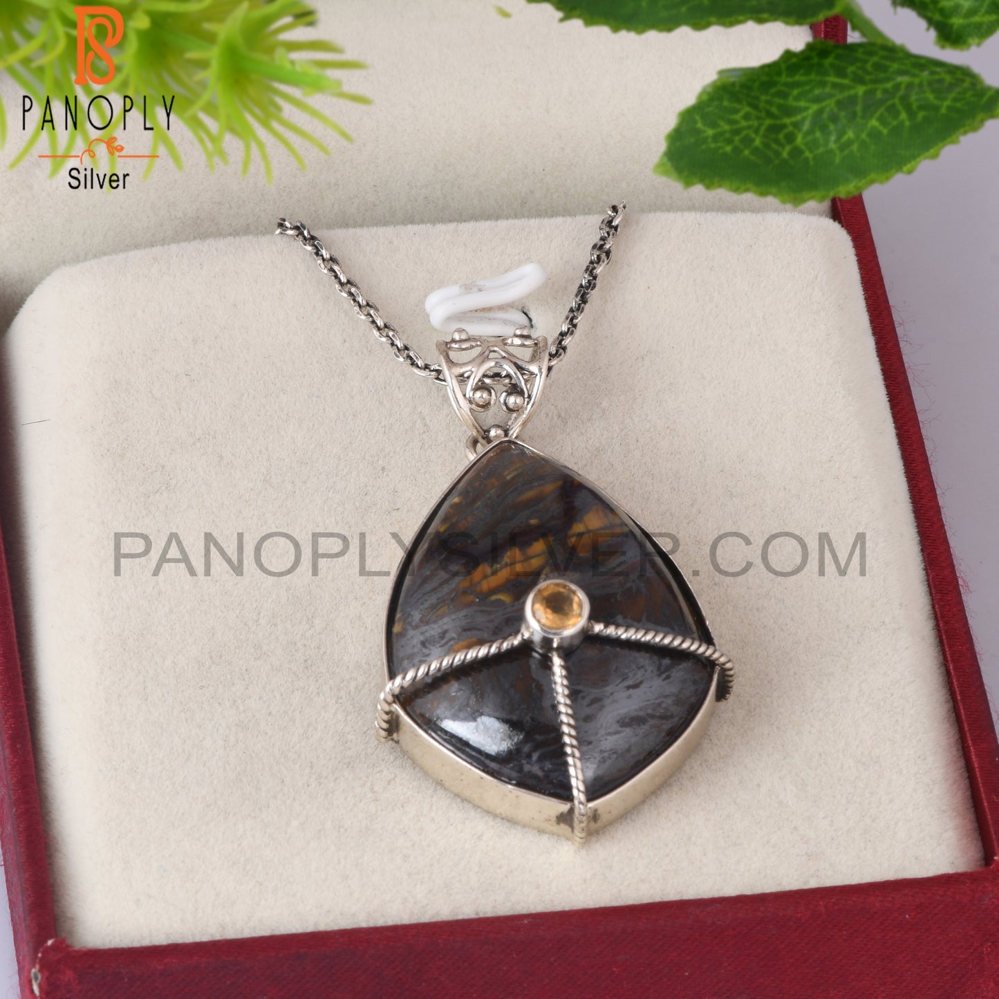 Citrine & Tiger Eye Iron 925 Sterling Silver Chain Pendant