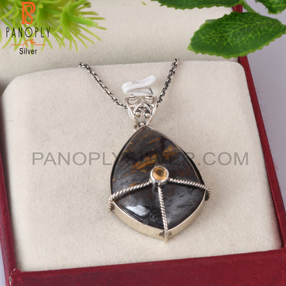 Citrine & Tiger Eye Iron 925 Sterling Silver Chain Pendant