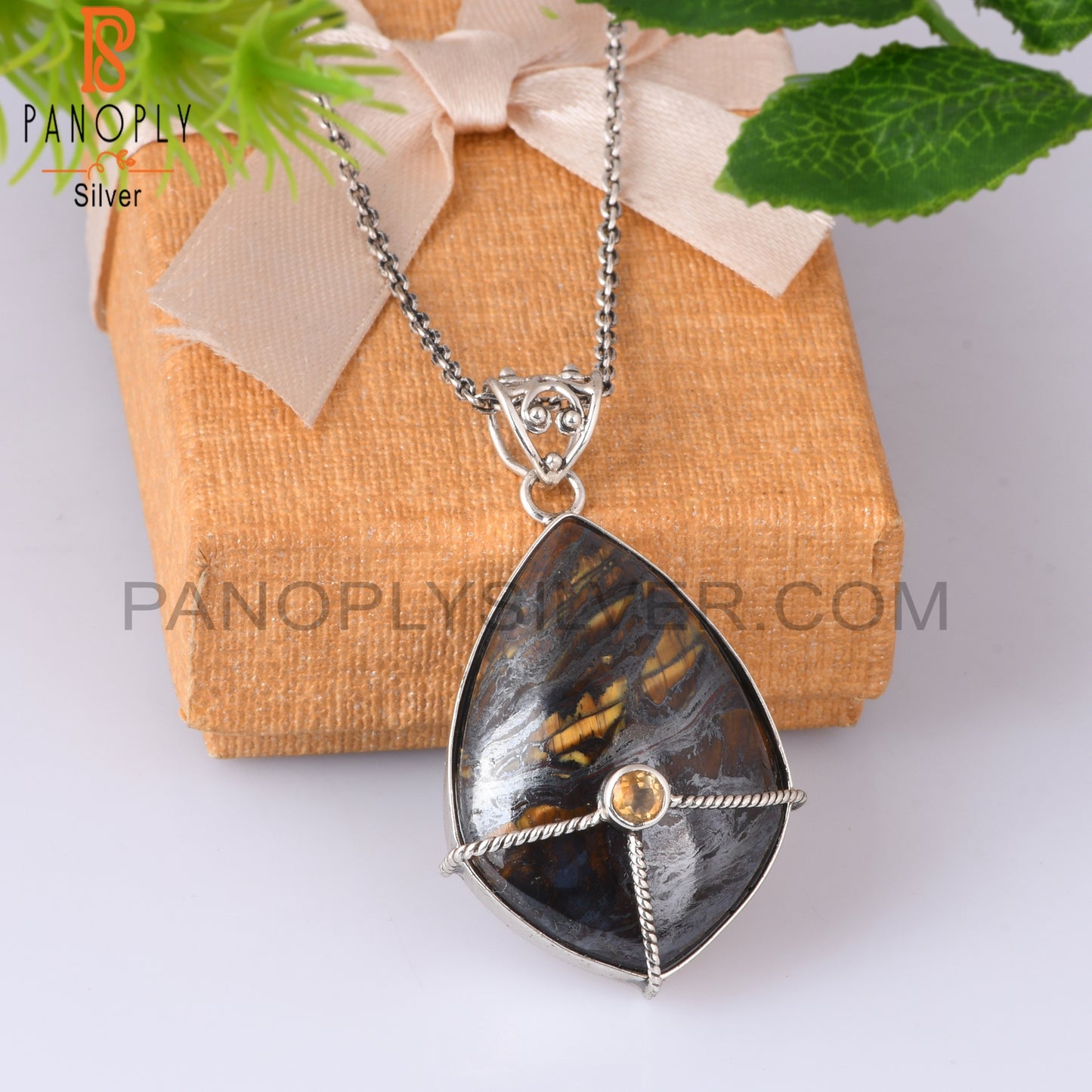 Citrine & Tiger Eye Iron 925 Sterling Silver Chain Pendant