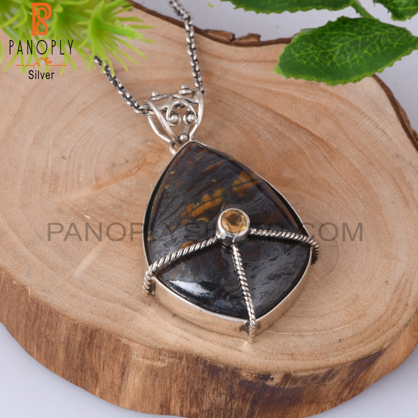 Citrine & Tiger Eye Iron 925 Sterling Silver Chain Pendant
