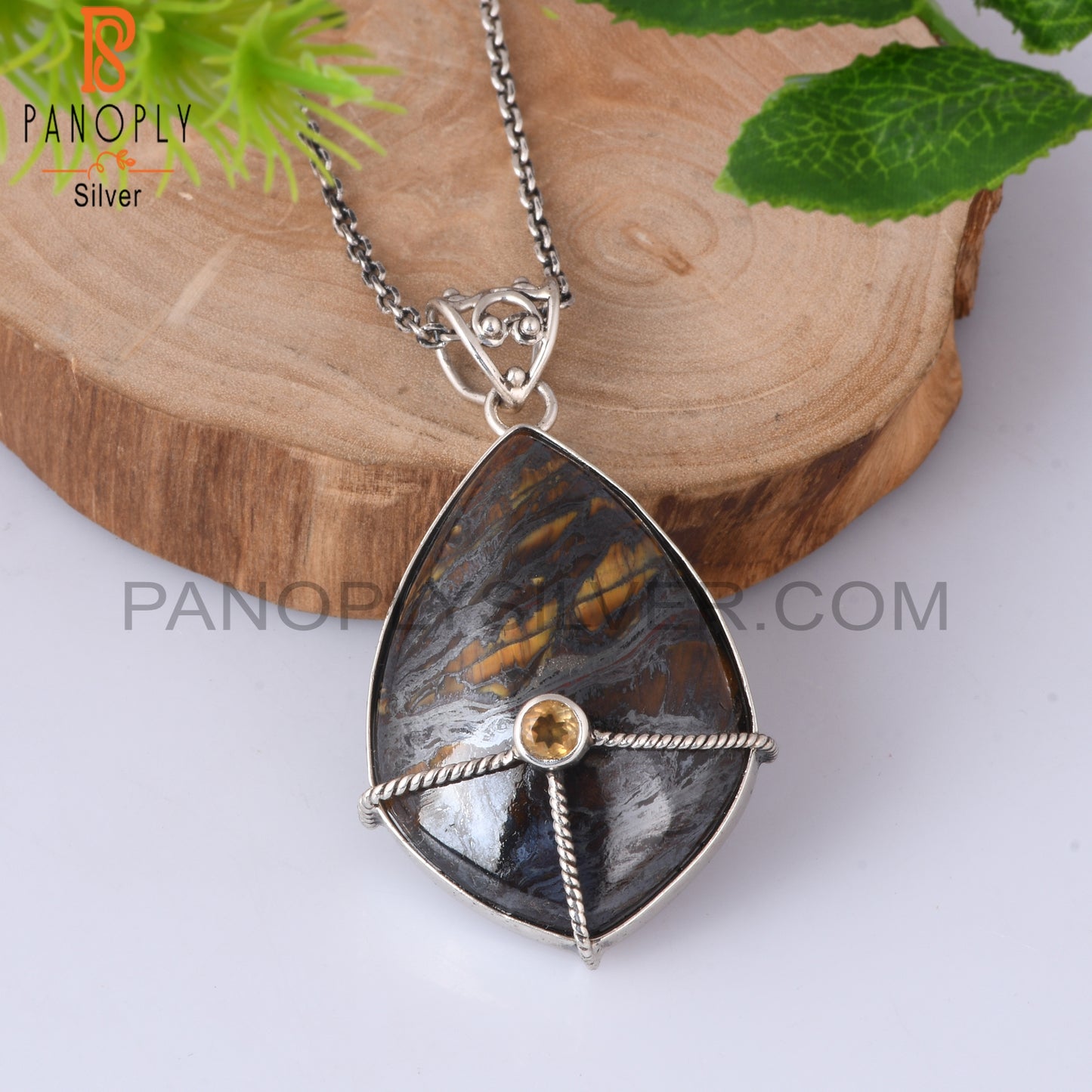 Citrine & Tiger Eye Iron 925 Sterling Silver Chain Pendant