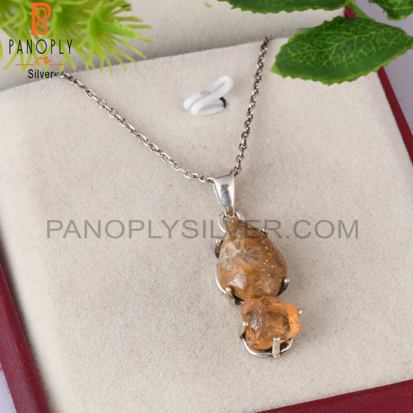 Citrine & Fossil Coral 925 Sterling Silver Pendant With Chain