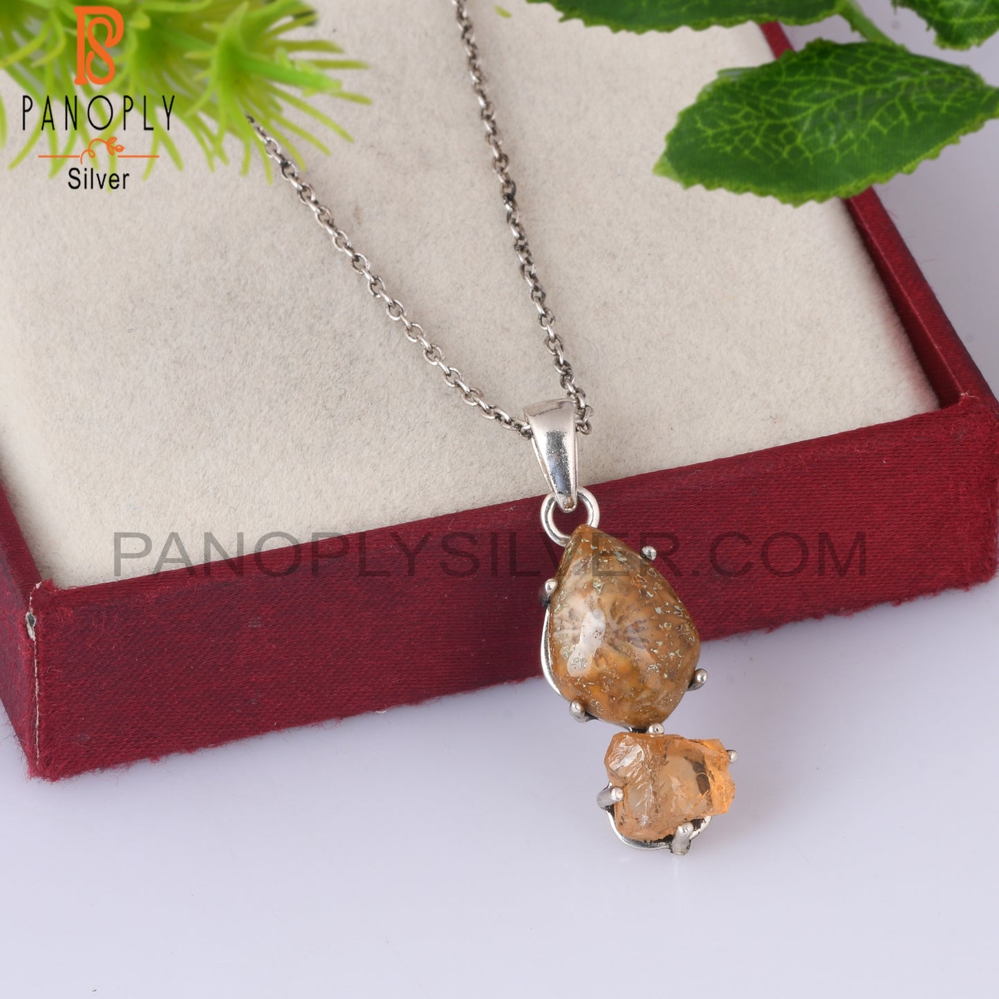 Citrine & Fossil Coral 925 Sterling Silver Pendant With Chain