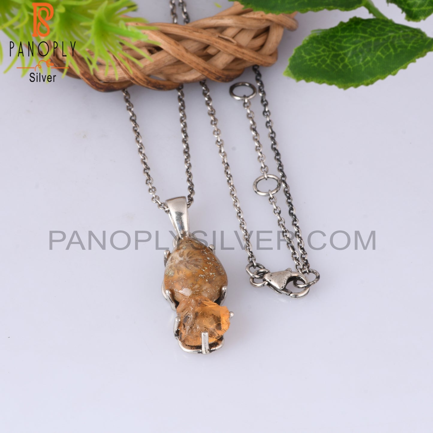 Citrine & Fossil Coral 925 Sterling Silver Pendant With Chain