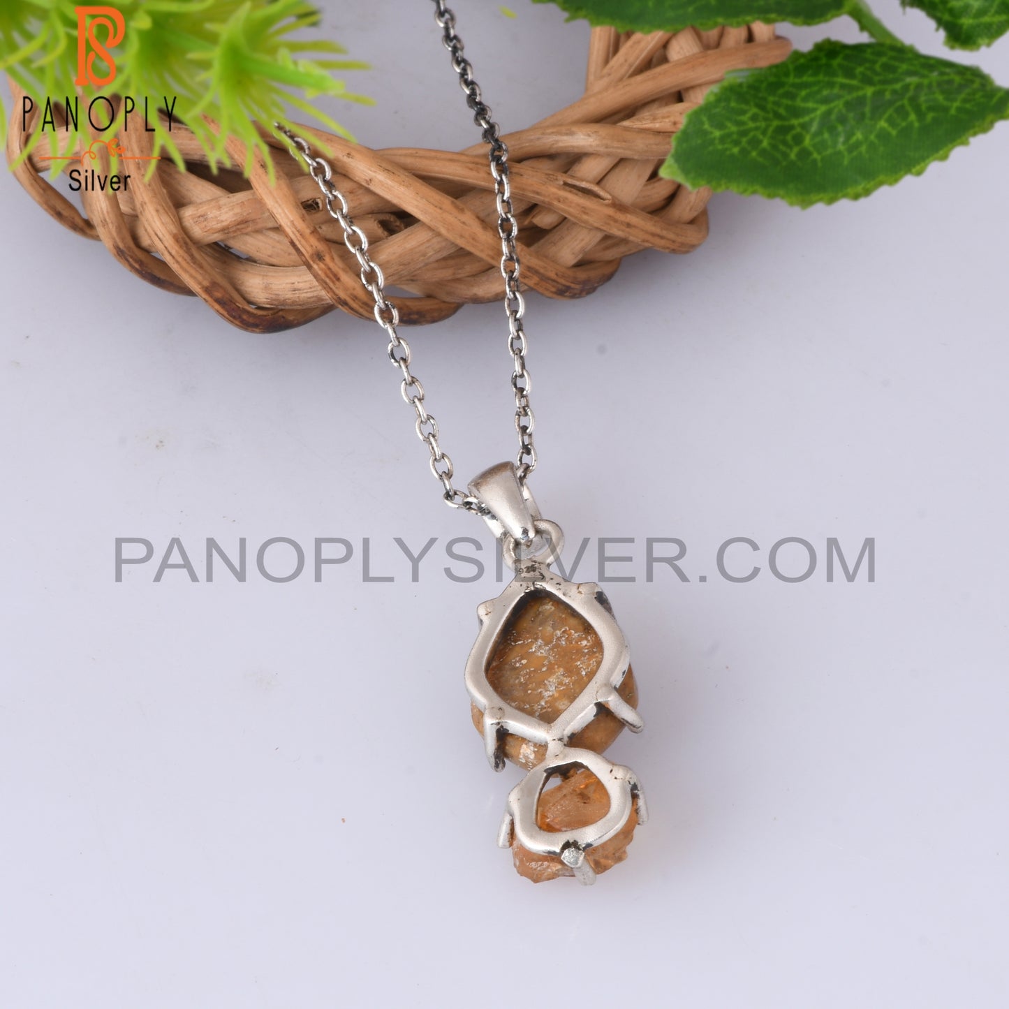 Citrine & Fossil Coral 925 Sterling Silver Pendant With Chain