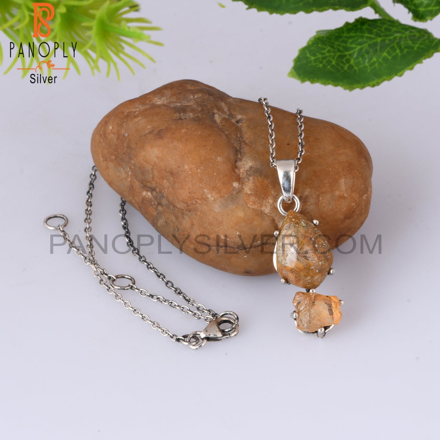 Citrine & Fossil Coral 925 Sterling Silver Pendant With Chain