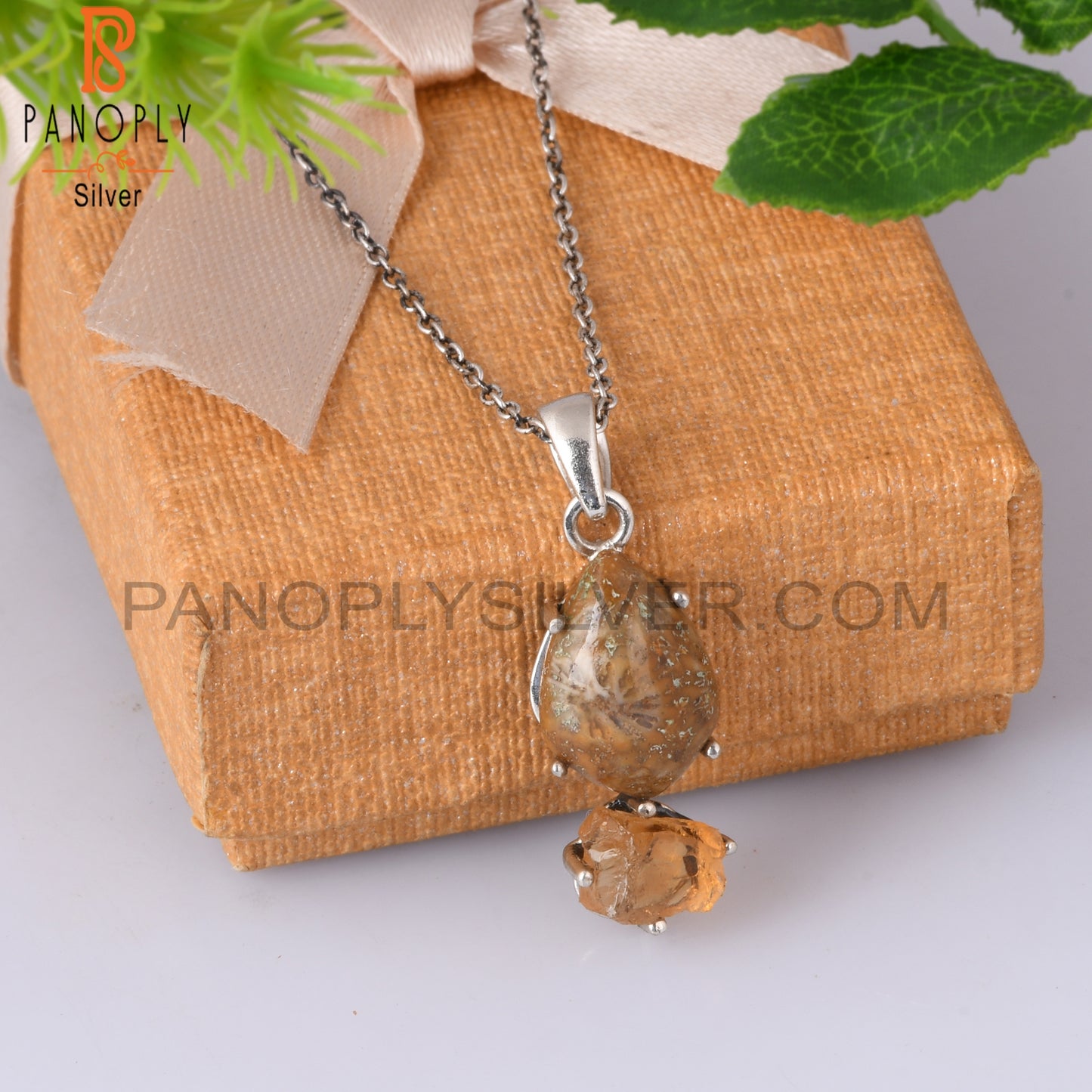 Citrine & Fossil Coral 925 Sterling Silver Pendant With Chain
