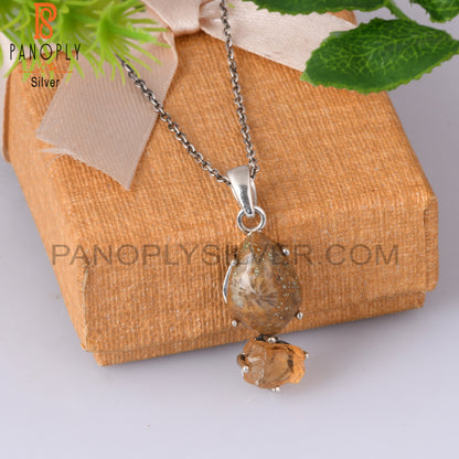 Citrine & Fossil Coral 925 Sterling Silver Pendant With Chain